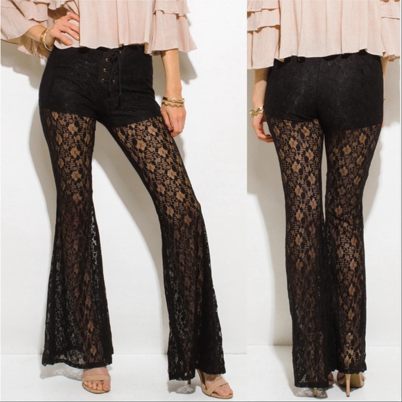 BLACK LACE BELL BOTTOM PANTS - Picture 4 of 4